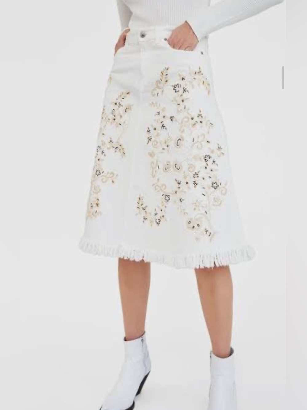 Zara Embroidered Midi Denim Skirt – Cream